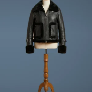 Women’s B3 Bomber Pilot RAF Aviator Sheepskin Shearling Black Leather Jacket, front view