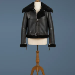 Women’s B6 Bomber Aviator Real Fur Sheepskin Shearling Black Leather Jacket, front view