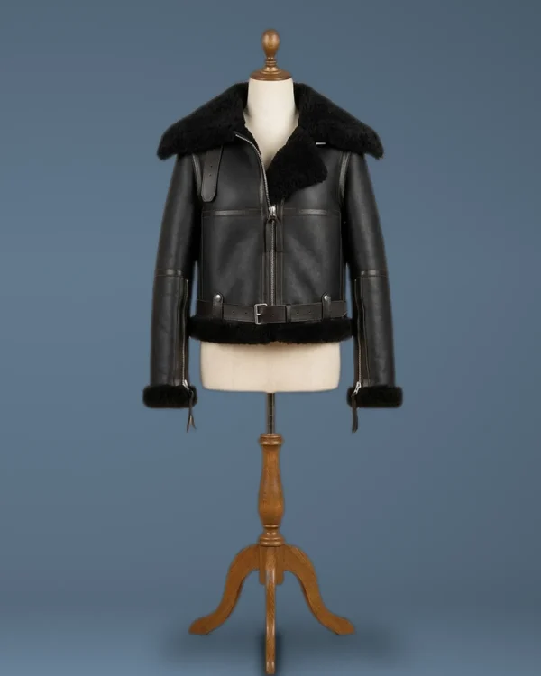 Women’s B6 Bomber Aviator Real Fur Sheepskin Shearling Black Leather Jacket, front view
