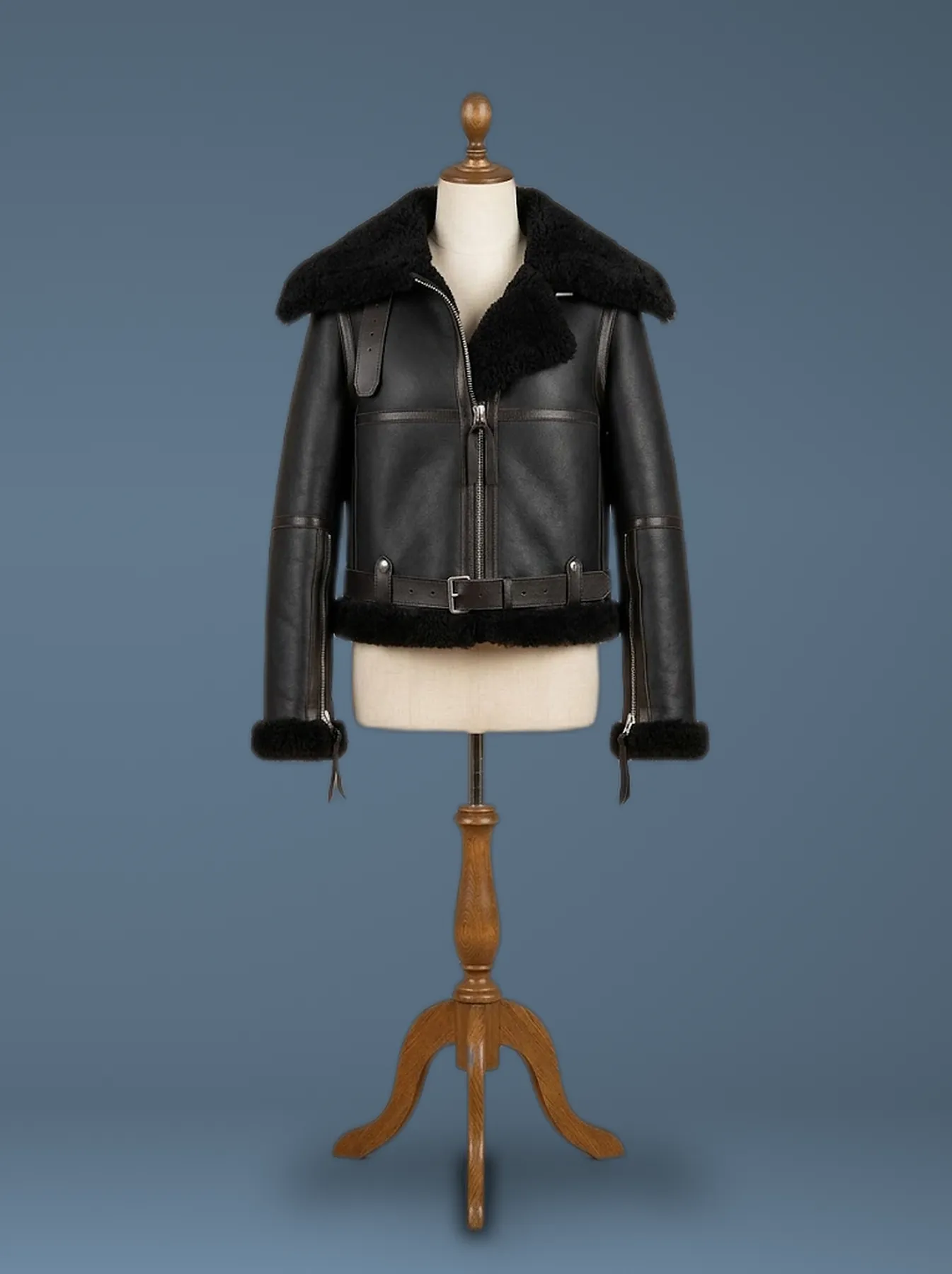 Women’s B6 Bomber Aviator Real Fur Sheepskin Shearling Black Leather Jacket, front view