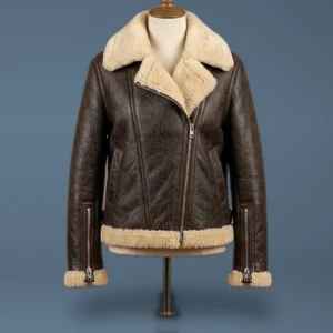 Women’s B6 Bomber Aviator Real Fur Sheepskin Shearling Dark Brown Leather Jacket, front view