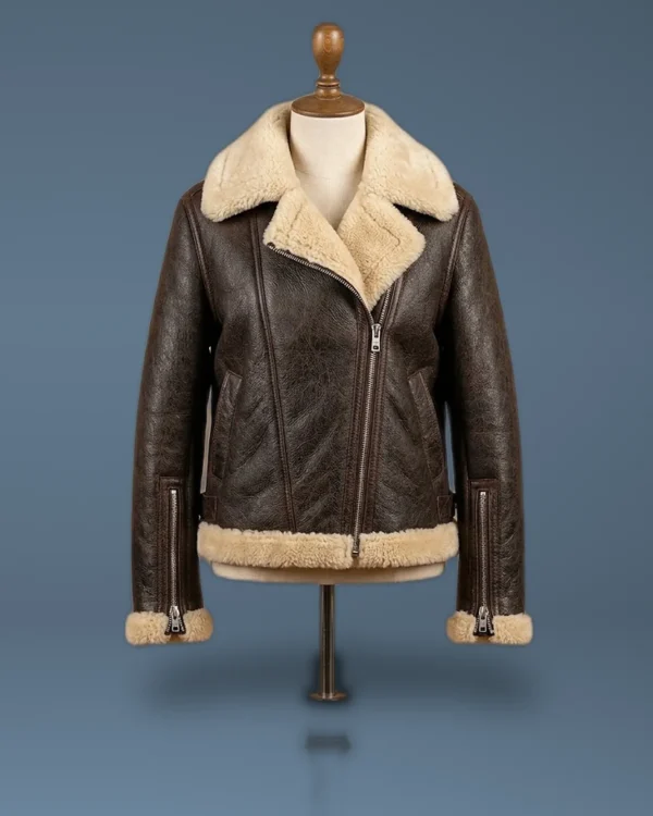 Women’s B6 Bomber Aviator Real Fur Sheepskin Shearling Dark Brown Leather Jacket, front view