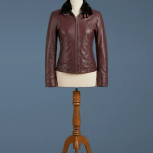 Women’s Biker Cafe Racer Brown Leather Jacket Fur Collar, front view