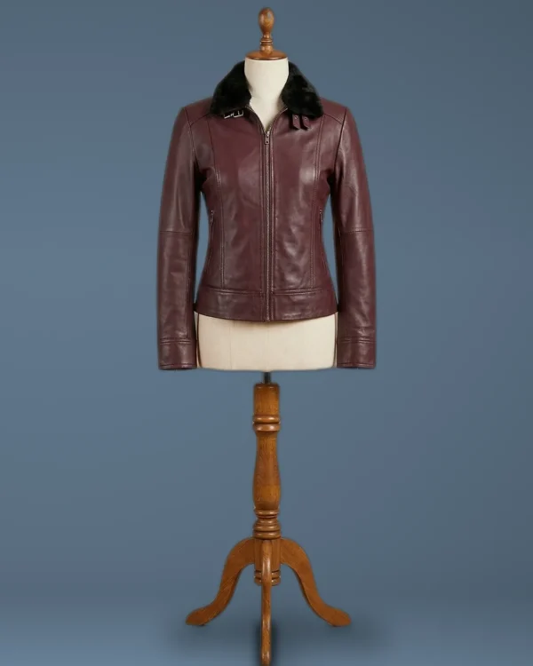 Women’s Biker Cafe Racer Brown Leather Jacket Fur Collar, front view