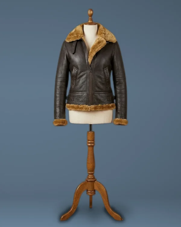 Women’s Bomber B3 Aviator Brown Fur Sheepskin Shearling Leather Jacket, front view