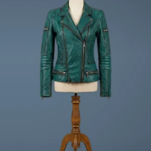 Women’s Slim Fit Diamond Quilted Moto Teal Leather Jacket, front view