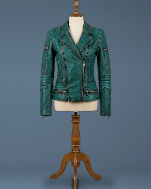Women’s Slim Fit Diamond Quilted Moto Teal Leather Jacket, front view