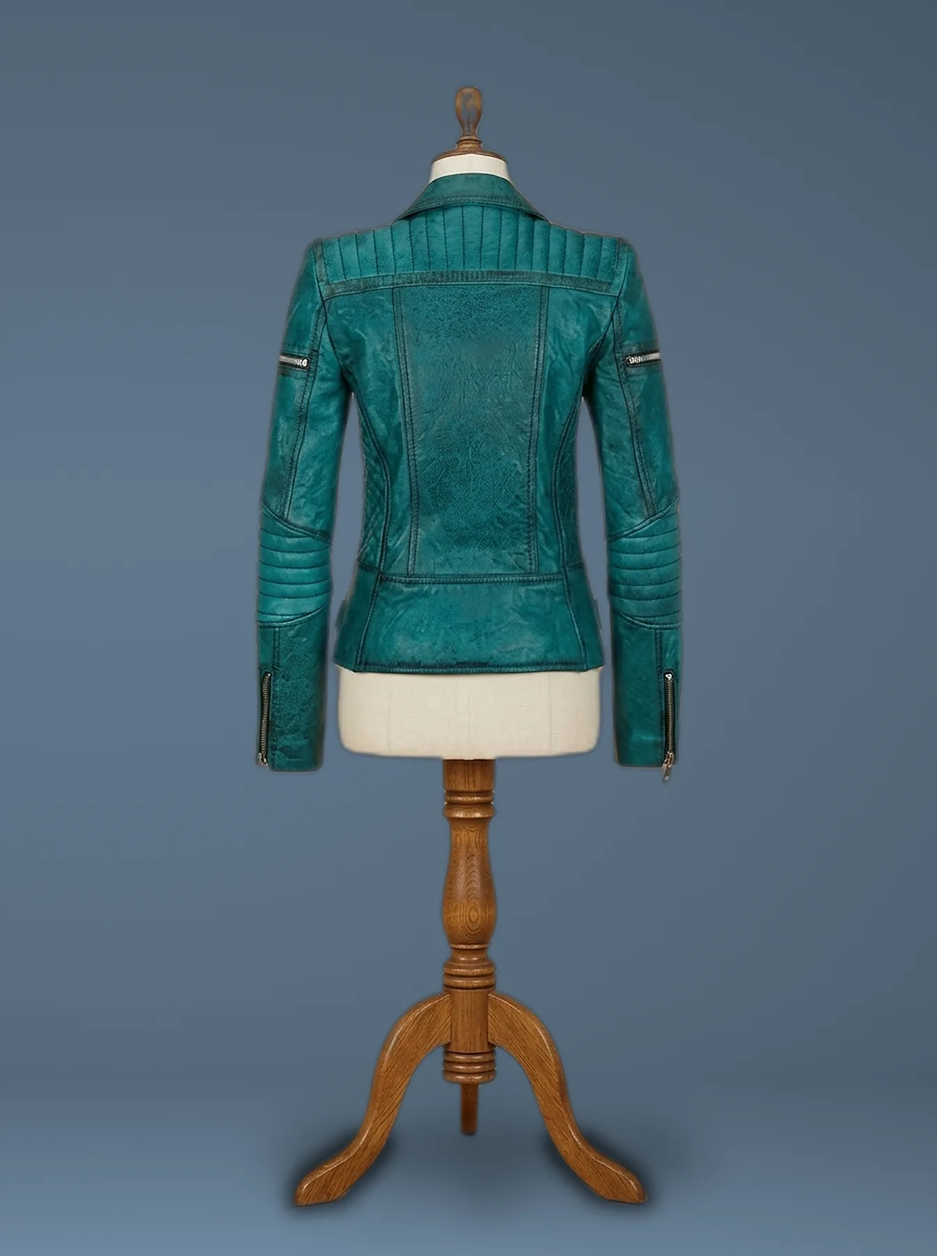 Women’s Slim Fit Diamond Quilted Moto Teal Leather Jacket, back view