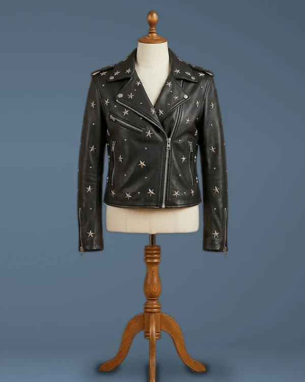 Women’s Star Studded Cafe Racer Biker Cropped Black Leather Jacket, front view