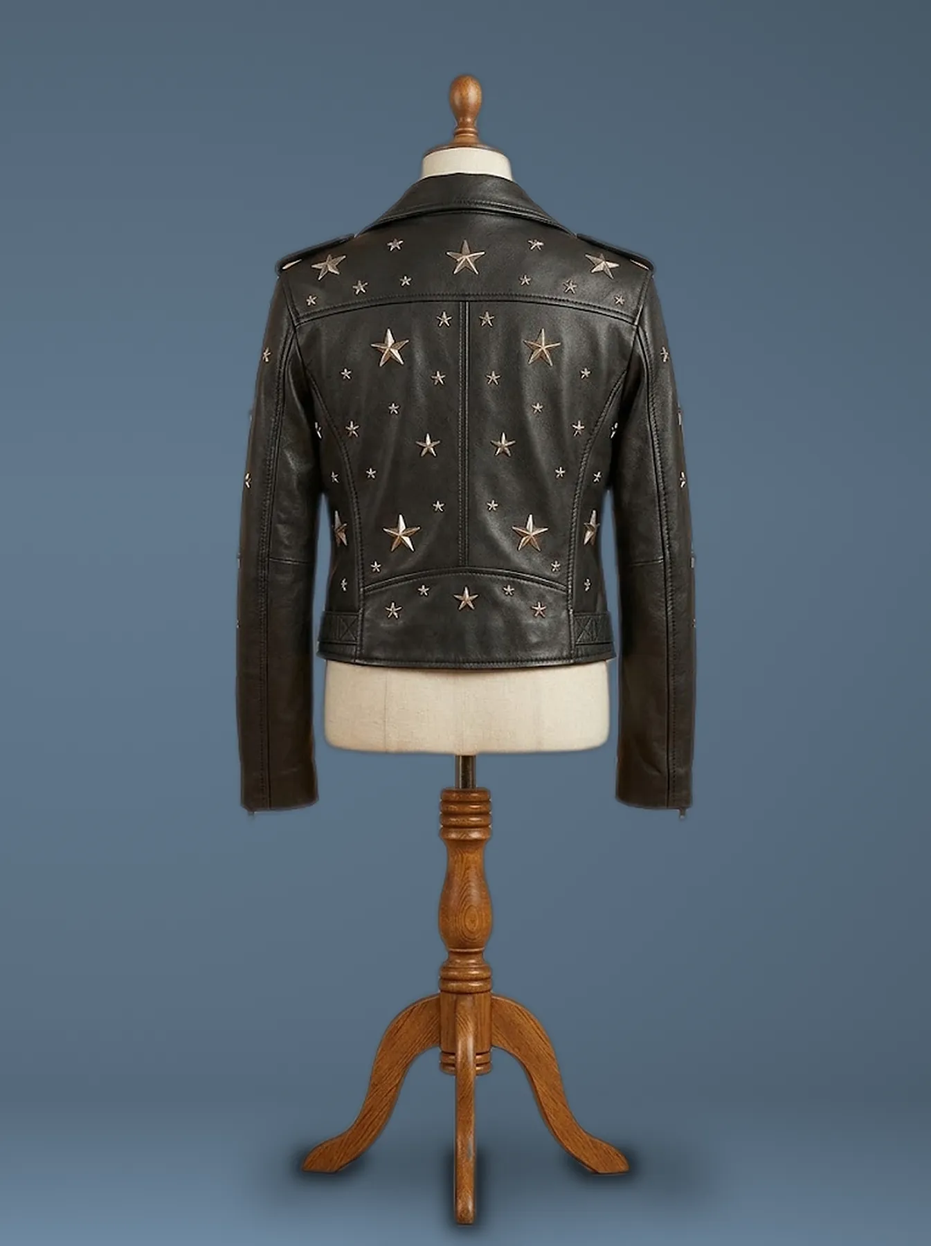Women’s Star Studded Cafe Racer Biker Cropped Black Leather Jacket, back view
