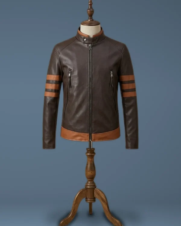 XMEN 1 WOLVERINE BROWN BIKER LEATHER JACKET HALLOWEEN LOGAN COSTUME, front view