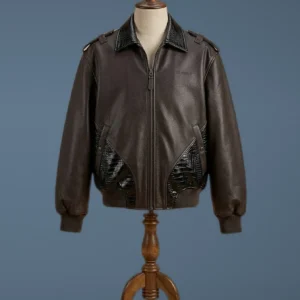 Zayn Malik Off White Show Bomber Aviator Oversized Brown Black Leather Jacket, front view