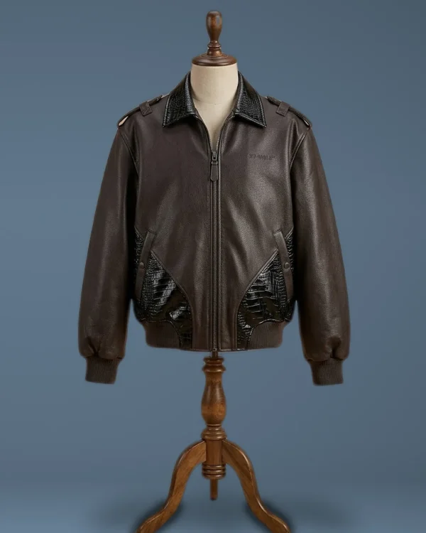 Zayn Malik Off White Show Bomber Aviator Oversized Brown Black Leather Jacket, front view